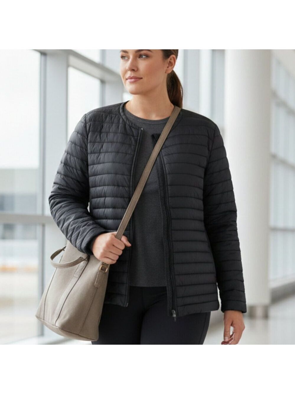 J.Jill Fit 4X Packable Down Puffer Jacket Black Lightweight Travel Coat